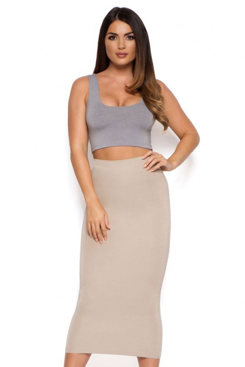 Oh Polly Behind The Curve High Waisted Midi Skirt Skirts Stone | MQUN-21740