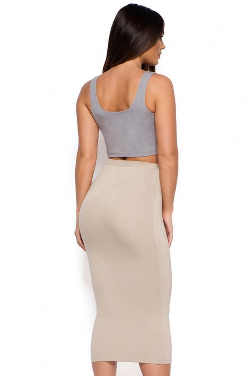 Oh Polly Behind The Curve High Waisted Midi Skirt Skirts Stone | MQUN-21740