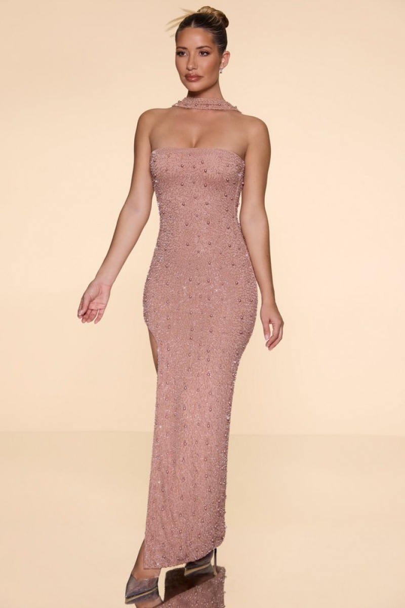 Oh Polly Belgravia Embellished Bandeau Maxi Dress Maxi Dress Beige | BOJX-83562