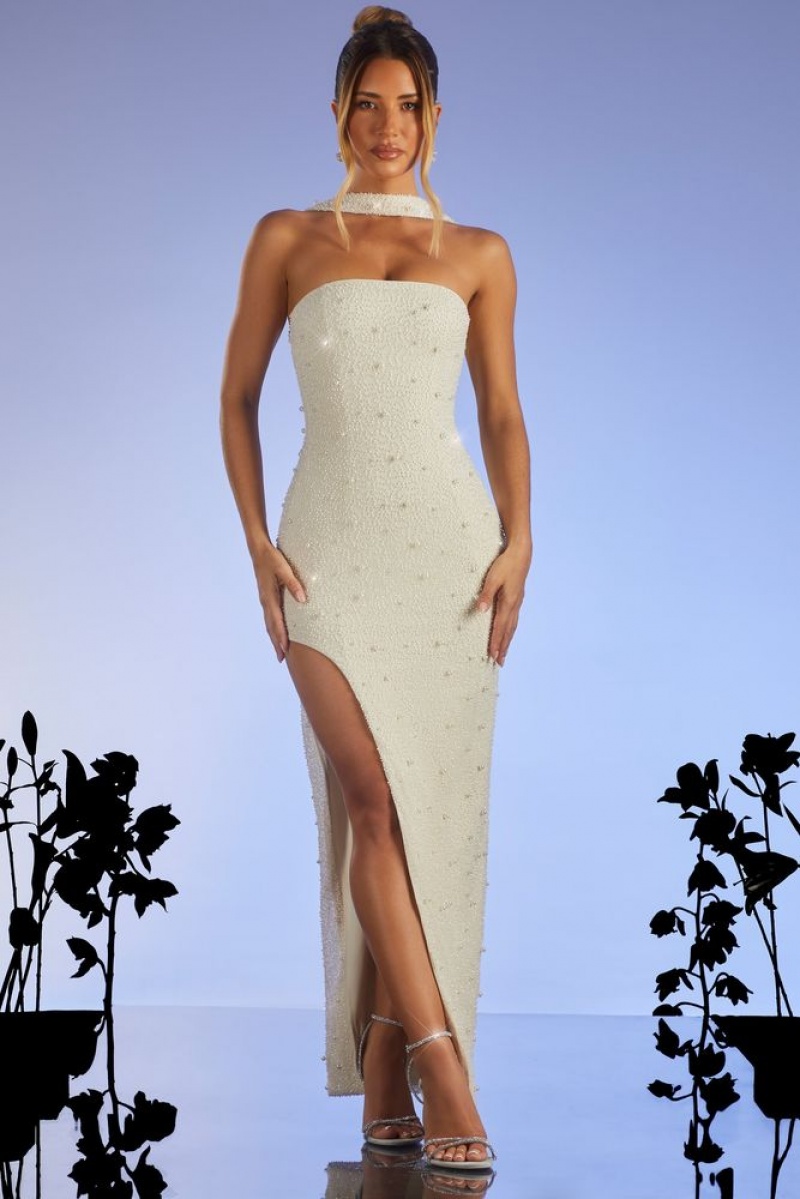 Oh Polly Belgravia Embellished Bandeau Maxi Dress Maxi Dress Ivory | VLNP-45327