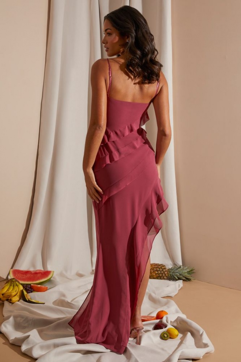 Oh Polly Benoite Asymmetric Multi Strap Ruffle Detail Maxi Dress Maxi Dress Dark Mauve | XMIE-36490