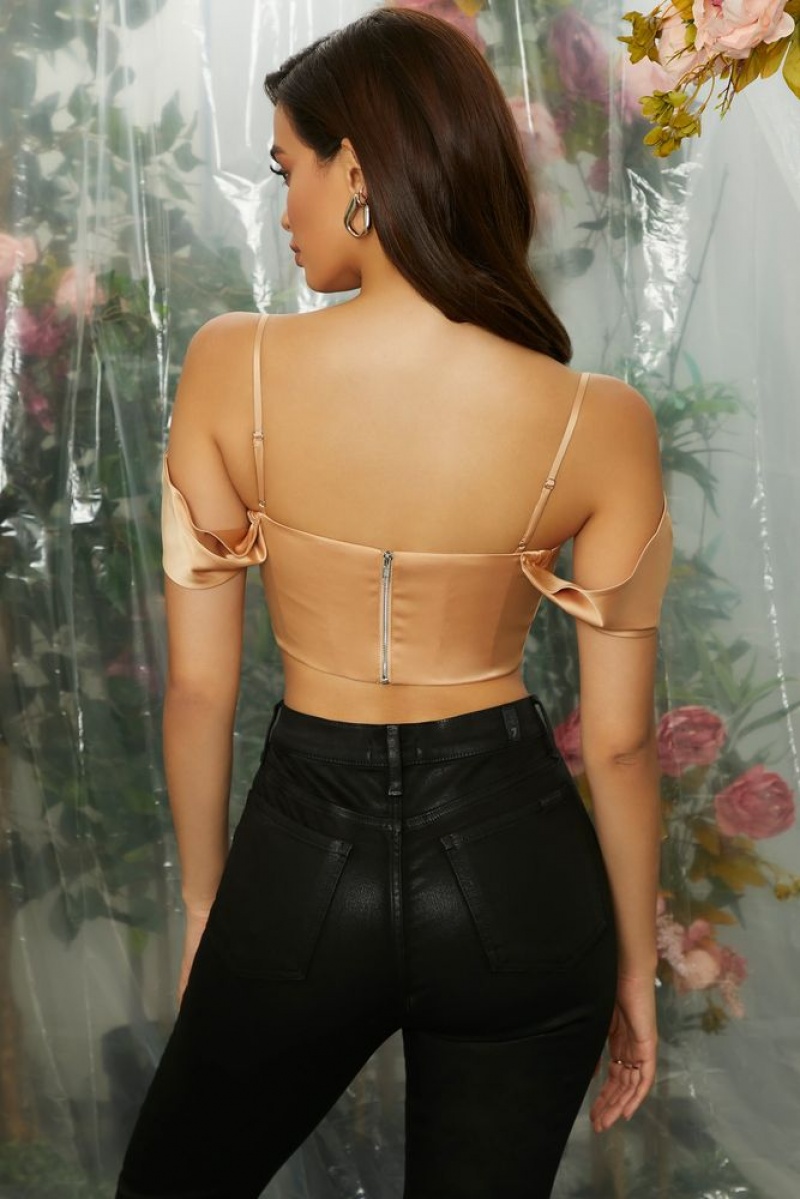 Oh Polly Breathless Off The Shoulder Cowl Neck Corset Crop Top Bo+Tee Tops Beige | QDBE-93728