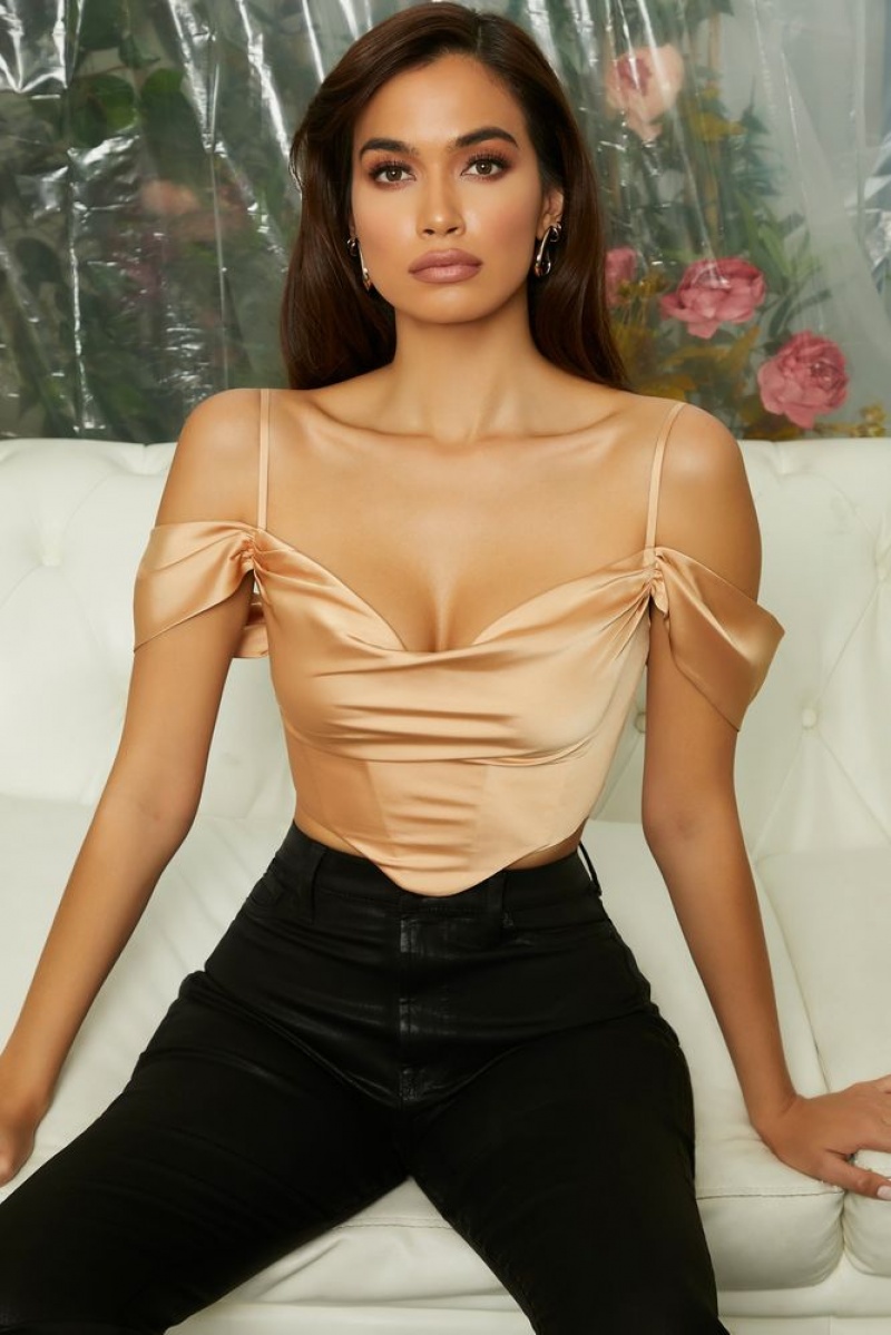 Oh Polly Breathless Off The Shoulder Cowl Neck Corset Crop Top Bo+Tee Tops Beige | QDBE-93728