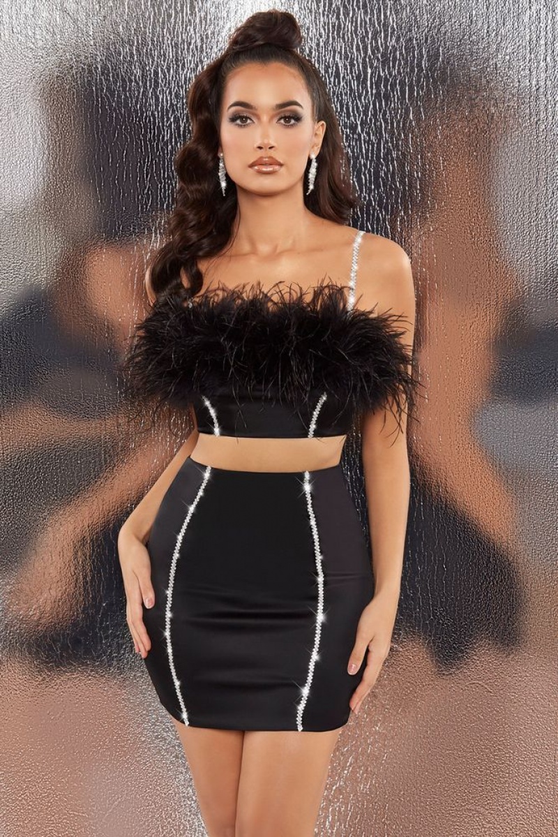 Oh Polly Bring The Party Embellished Satin Feather Crop Top Bo+Tee Tops Black | XKCG-50729