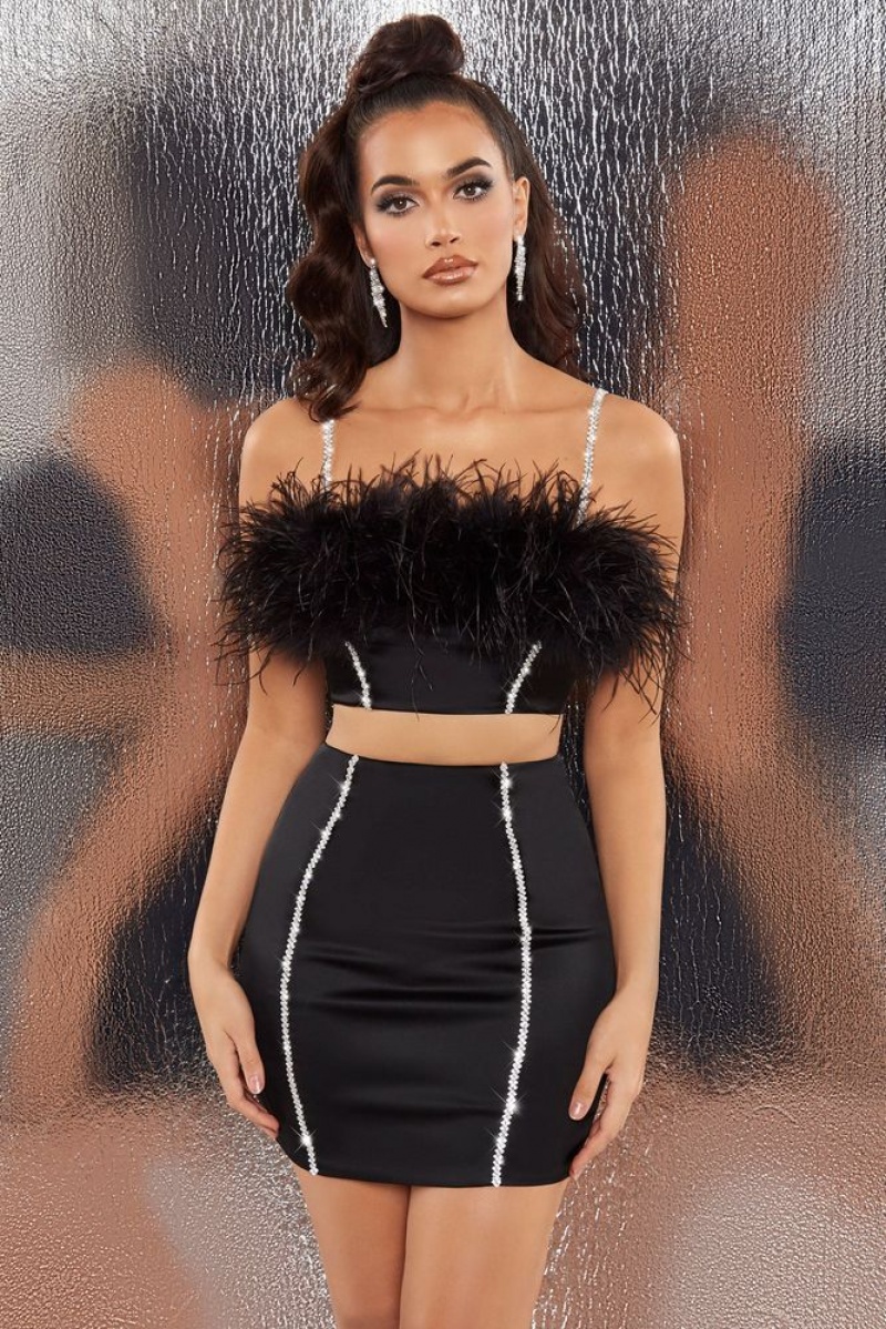 Oh Polly Bring The Party Embellished Satin Feather Crop Top Bo+Tee Tops Black | XKCG-50729