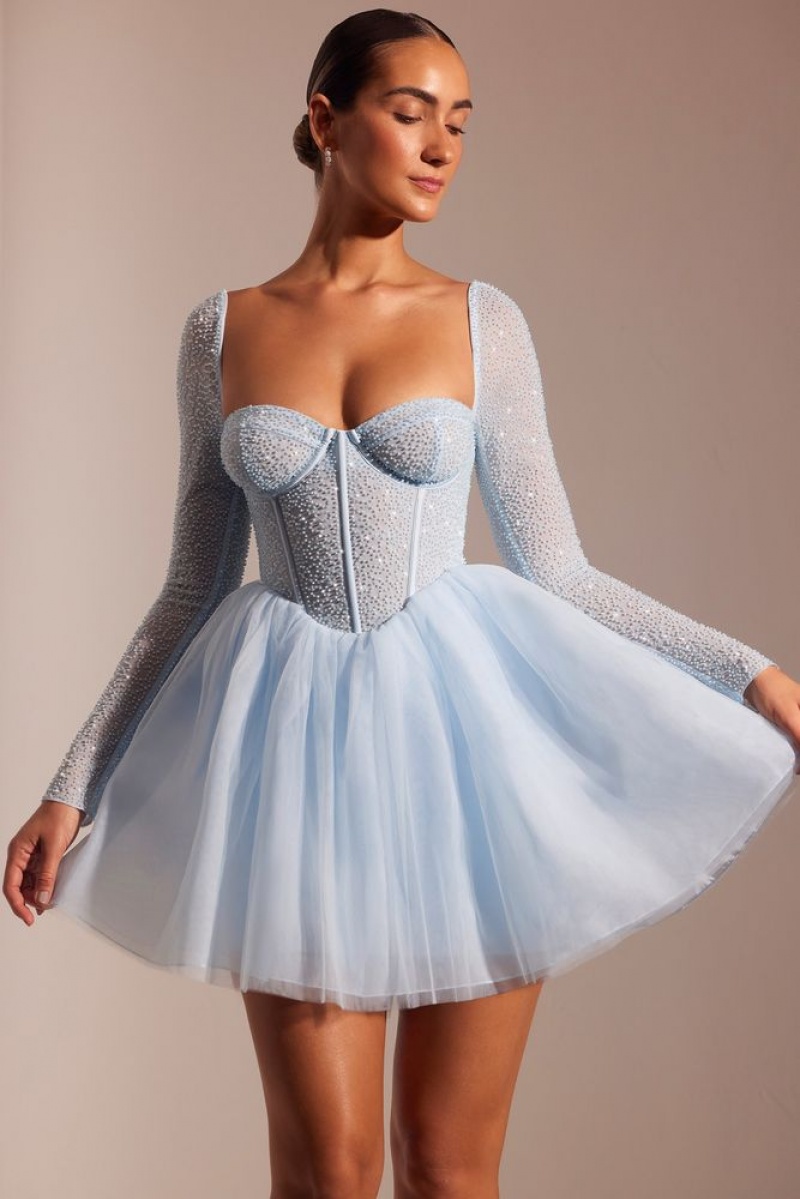 Oh Polly Calliope Embellished Long Sleeve Tulle Skirt Mini Dress Mini Dress Blue | IYZJ-05973