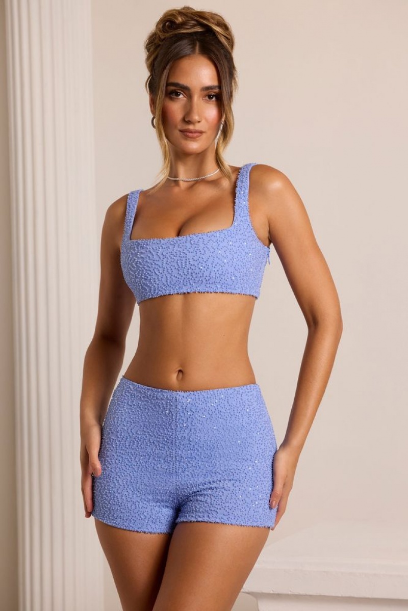 Oh Polly Chambord Embellished High Waist Hot Pant Shorts Co-Ords Powder Blue | NCPE-54962