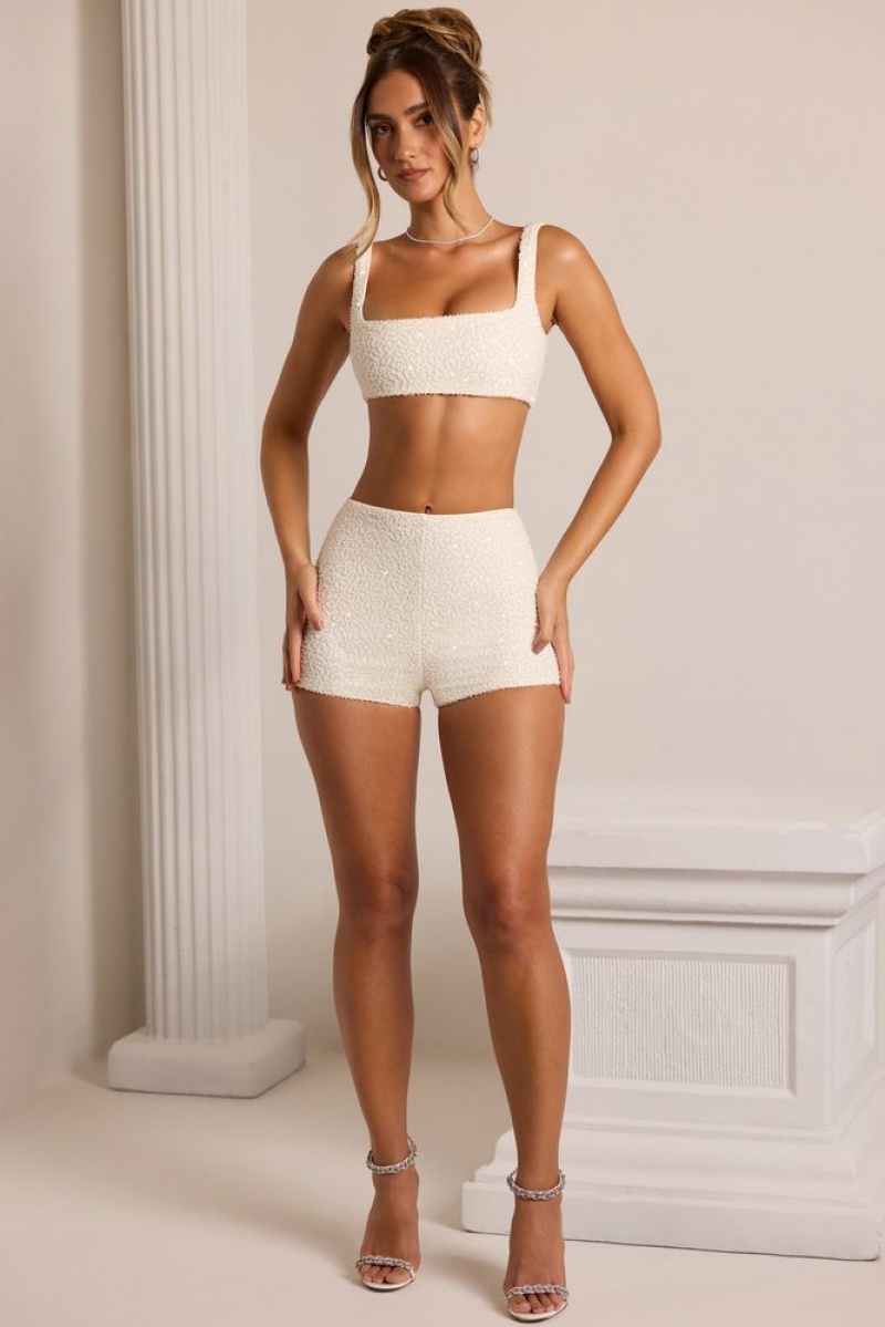 Oh Polly Chambord Embellished High Waist Hot Pant Shorts Co-Ords White | ALND-91623