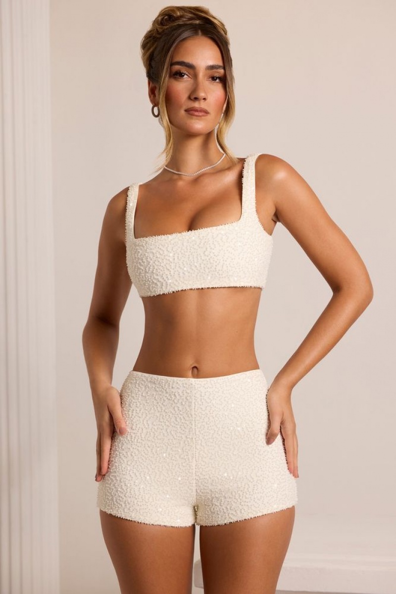 Oh Polly Chambord Embellished High Waist Hot Pant Shorts Co-Ords White | ALND-91623