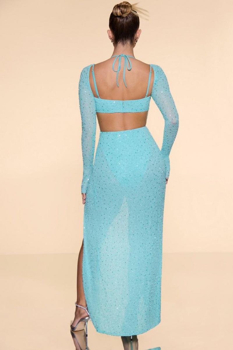 Oh Polly Champel Embellished Cowl Neck Maxi Dress Maxi Dress Aqua | ORMG-46205