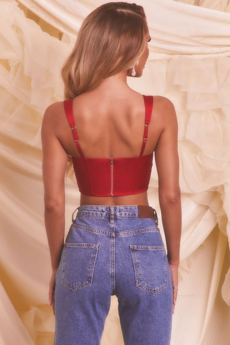 Oh Polly Chase Hearts Satin Mesh Bustier Crop Top Bo+Tee Tops Red | XWFR-10274