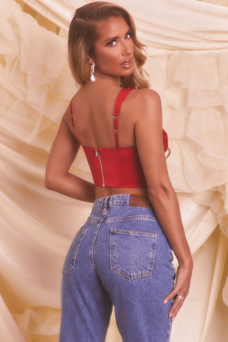 Oh Polly Chase Hearts Satin Mesh Bustier Crop Top Bo+Tee Tops Red | XWFR-10274