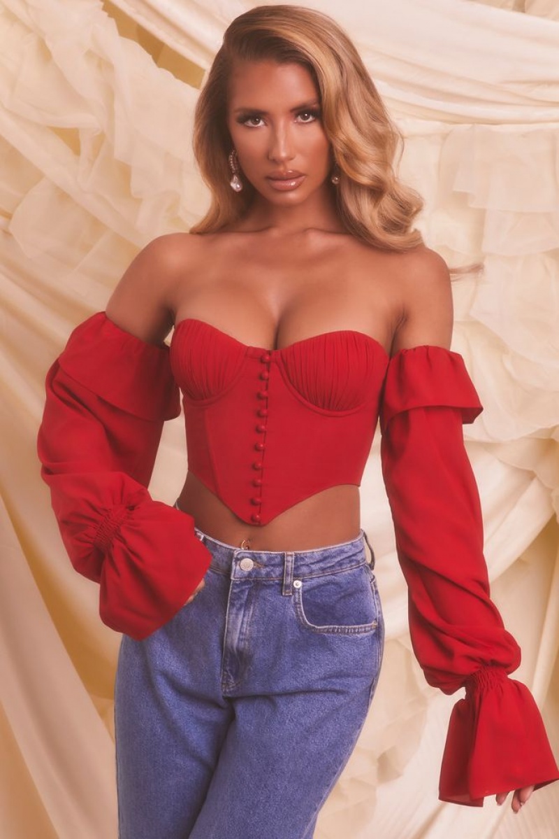 Oh Polly Chasing Love Bardot Long Sleeve Crop Top Bo+Tee Tops Red | LNOP-79125