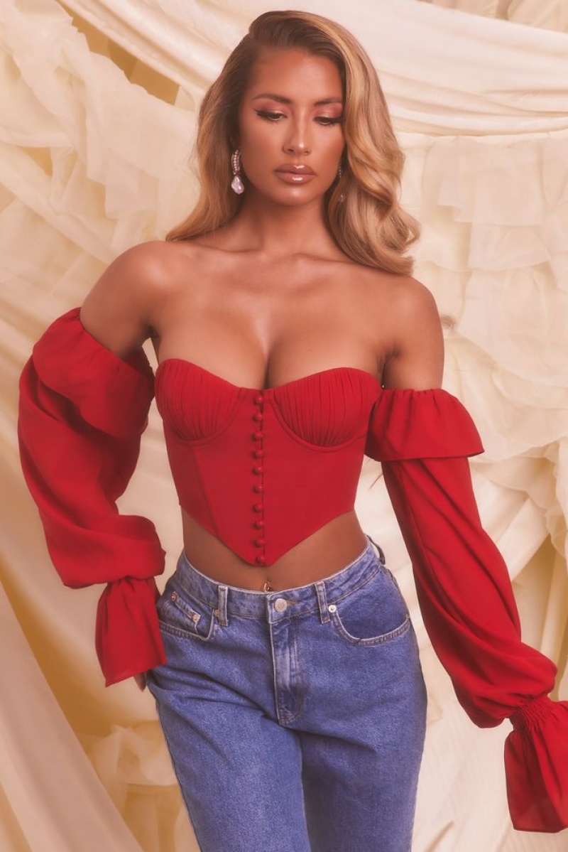 Oh Polly Chasing Love Bardot Long Sleeve Crop Top Bo+Tee Tops Red | LNOP-79125