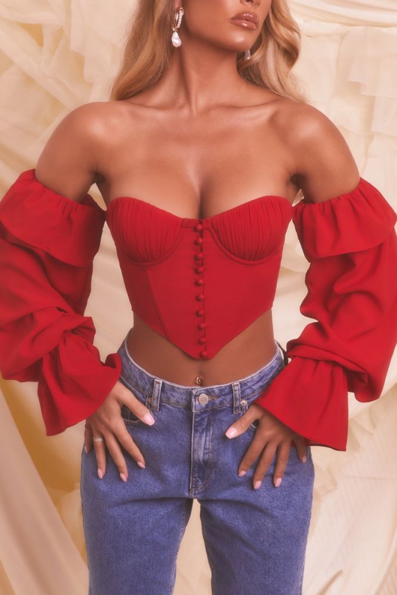 Oh Polly Chasing Love Bardot Long Sleeve Crop Top Bo+Tee Tops Red | LNOP-79125