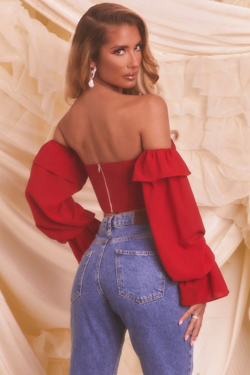 Oh Polly Chasing Love Bardot Long Sleeve Crop Top Bo+Tee Tops Red | LNOP-79125