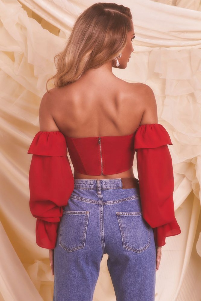 Oh Polly Chasing Love Bardot Long Sleeve Crop Top Bo+Tee Tops Red | LNOP-79125