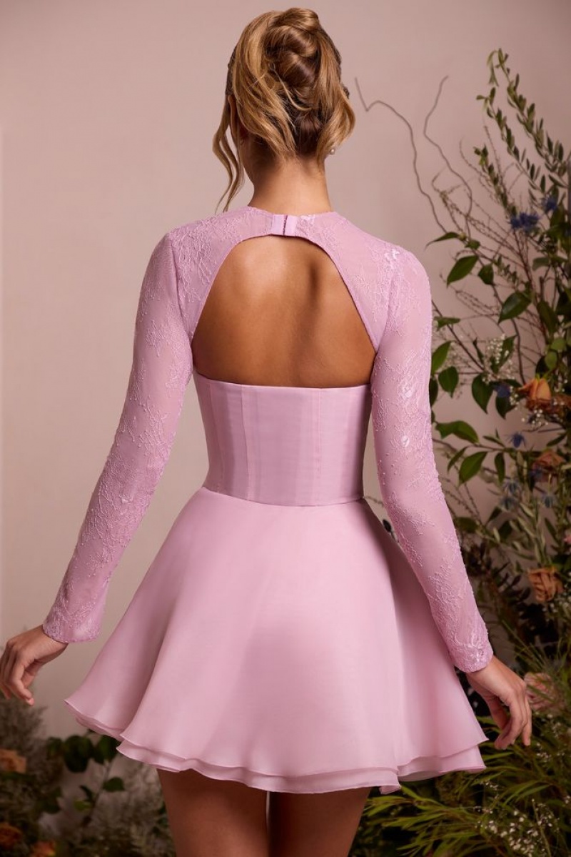 Oh Polly Claudette Long Sleeve Tulle Skirt Mini Dress Mini Dress Dusty Pink | KZGX-56081