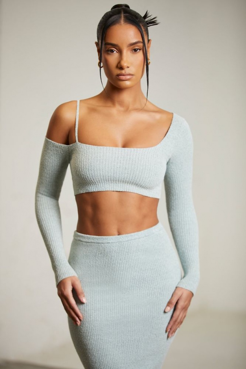 Oh Polly Dagny Asymmetric Long Sleeve Crop Top Womens Tops Mint | BORS-90271