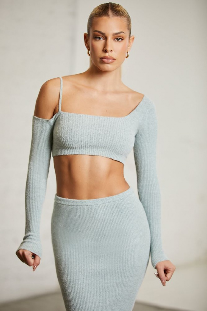 Oh Polly Dagny Asymmetric Long Sleeve Crop Top Womens Tops Mint | BORS-90271