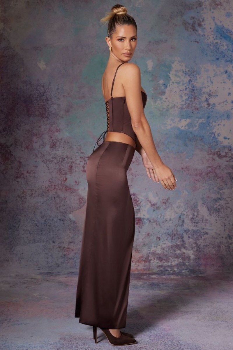 Oh Polly Dawson Side Split Satin Maxi Skirt Skirts Brown | ROAK-30276