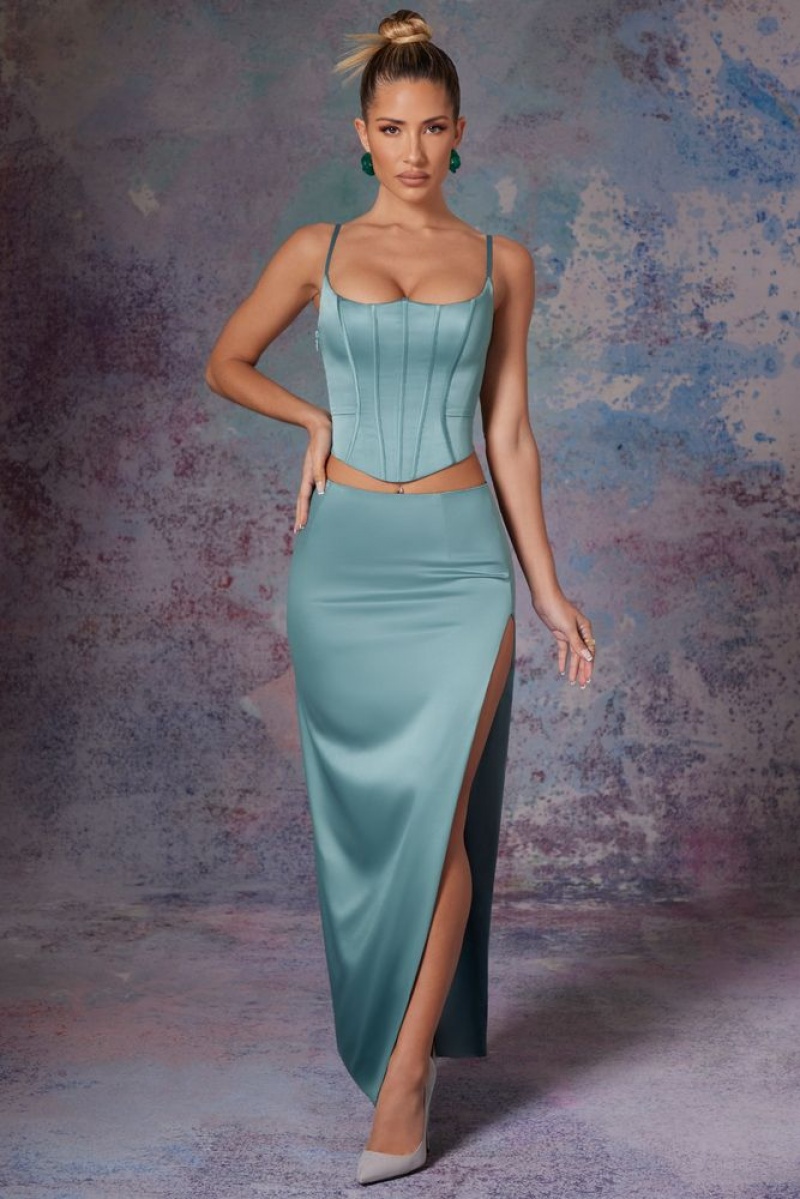 Oh Polly Dawson Side Split Satin Maxi Skirt Skirts Light Teal | EVNY-03581