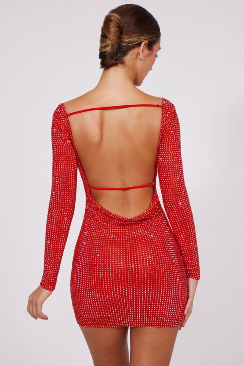 Oh Polly Delfina Embellished High Neck Cowl Back Mini Dress Mini Dress Fire Red | YDEV-19560