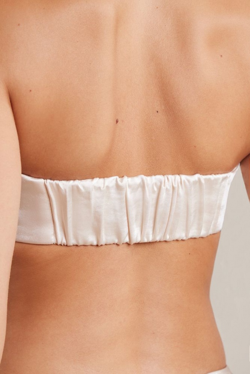 Oh Polly Della Bias Cut Satin Strapless Bandeau Crop Top Womens Tops Ivory | JNZE-65237