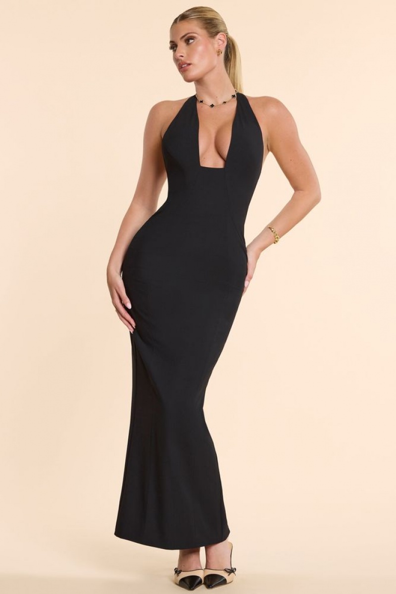 Oh Polly Demeter Woven Twill Halter Neck Plunge Maxi Dress Maxi Dress Black | XAKY-18270