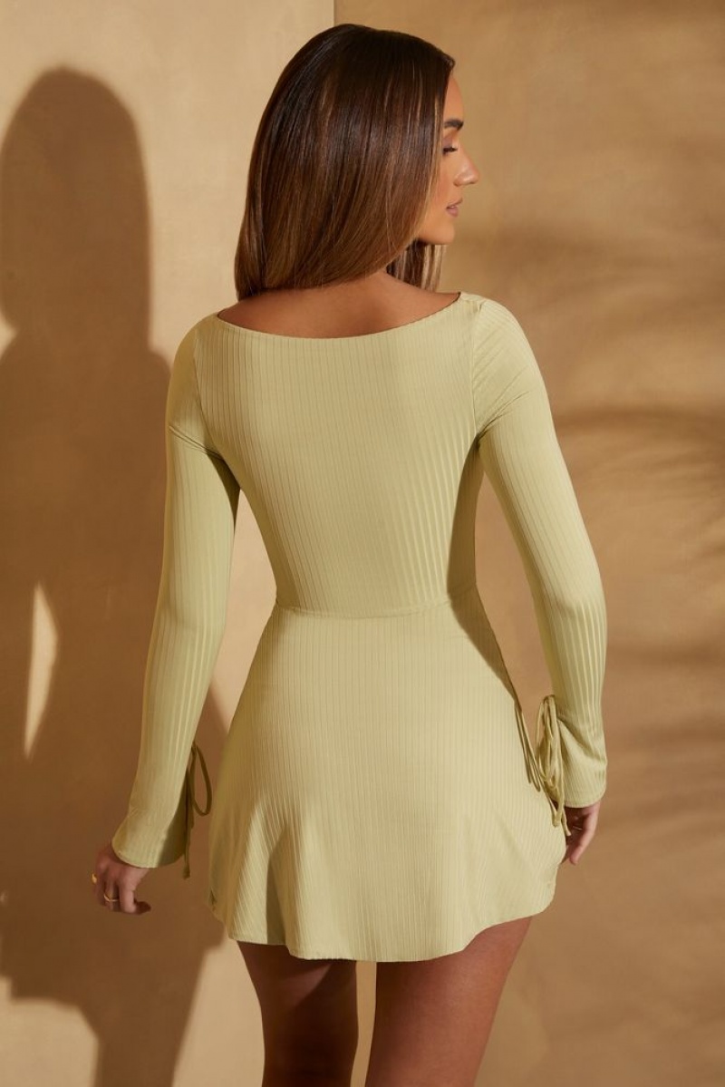 Oh Polly Denali Long Sleeve Twist Front Mini Dress Mini Dress Sage | RXIS-12750