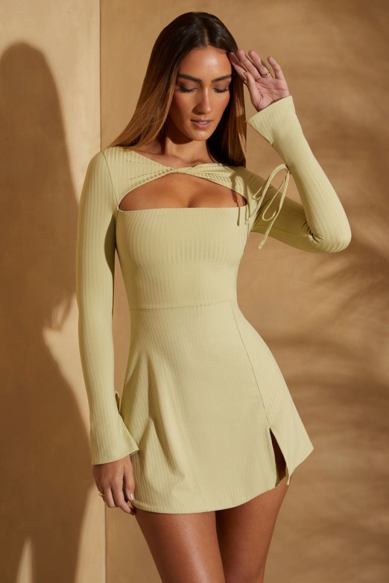 Oh Polly Denali Long Sleeve Twist Front Mini Dress Mini Dress Sage | RXIS-12750