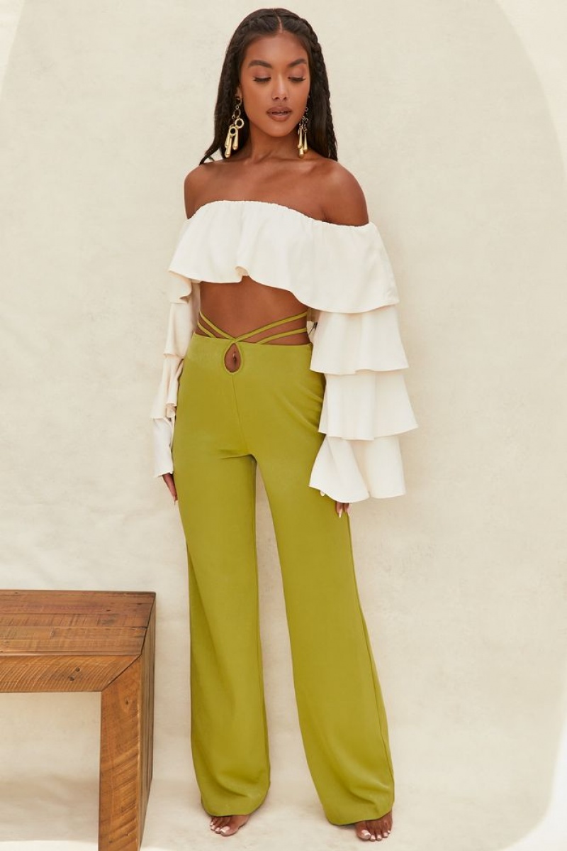 Oh Polly Desert Breeze Cut Out Wide Leg Trousers Women's Trousers Olive | HOSE-82453