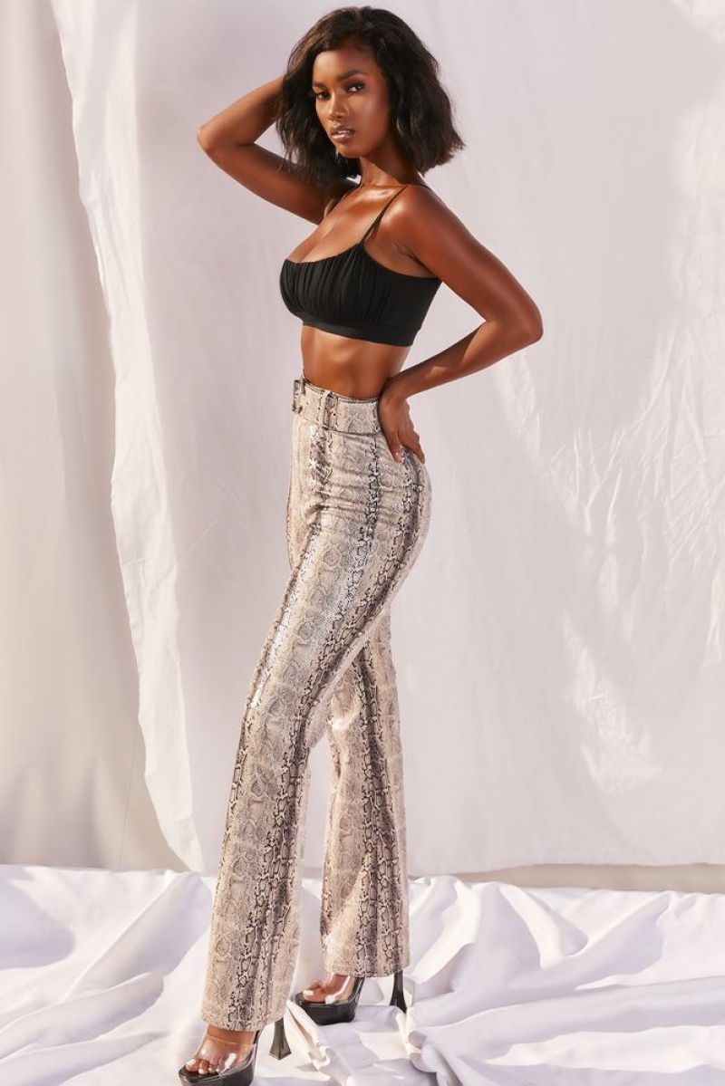 Oh Polly Drive ‘Em Wild High Waisted Wide Leg Trousers Women's Trousers Grey Snake Print | GZNF-96125