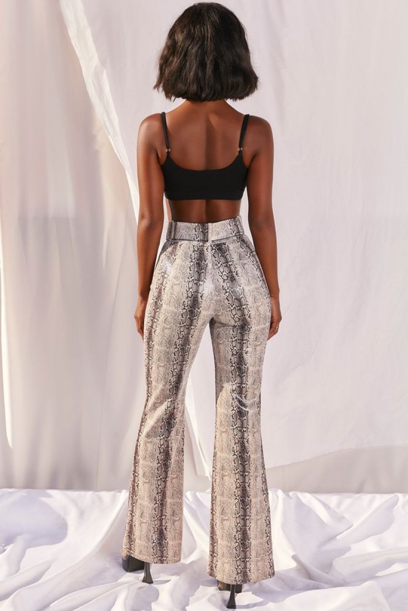 Oh Polly Drive ‘Em Wild High Waisted Wide Leg Trousers Women's Trousers Grey Snake Print | GZNF-96125