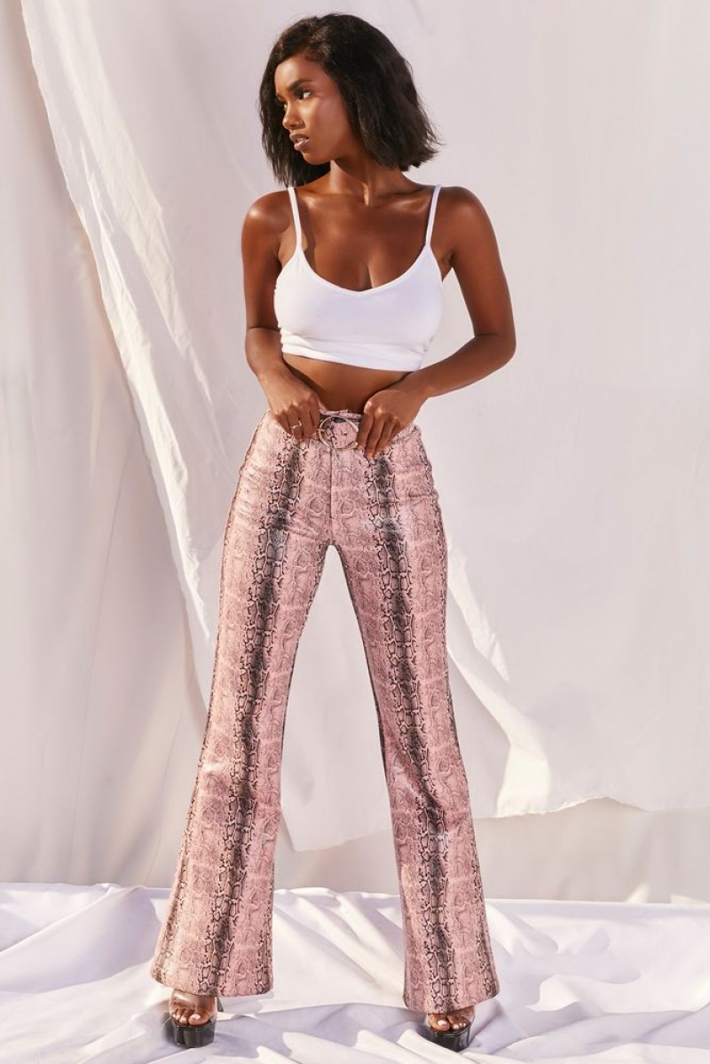 Oh Polly Drive ‘Em Wild High Waisted Wide Leg Trousers Women's Trousers Pink Snake Print | SWBJ-12567