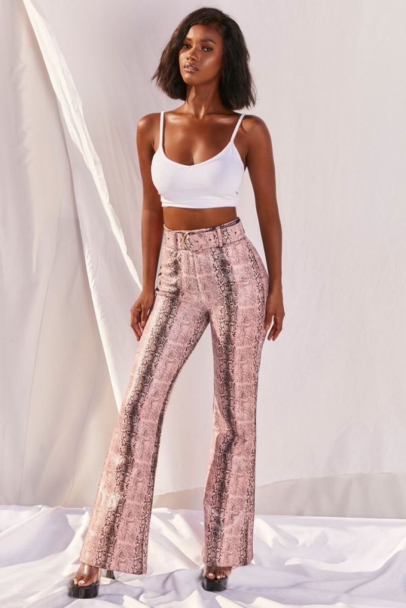 Oh Polly Drive ‘Em Wild High Waisted Wide Leg Trousers Women's Trousers Pink Snake Print | SWBJ-12567