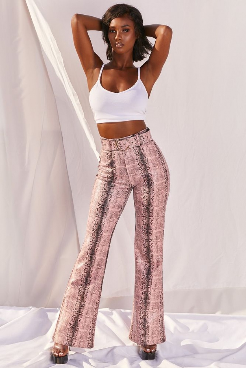 Oh Polly Drive ‘Em Wild High Waisted Wide Leg Trousers Women's Trousers Pink Snake Print | SWBJ-12567