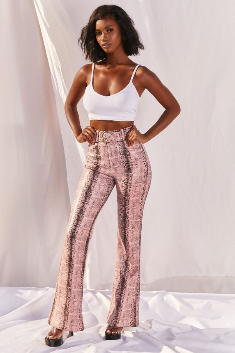 Oh Polly Drive ‘Em Wild High Waisted Wide Leg Trousers Women's Trousers Pink Snake Print | SWBJ-12567