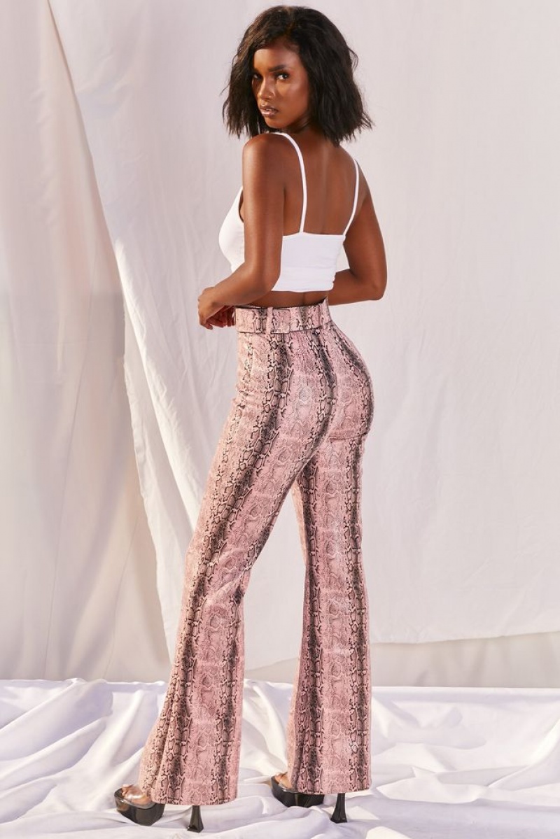 Oh Polly Drive ‘Em Wild High Waisted Wide Leg Trousers Women's Trousers Pink Snake Print | SWBJ-12567