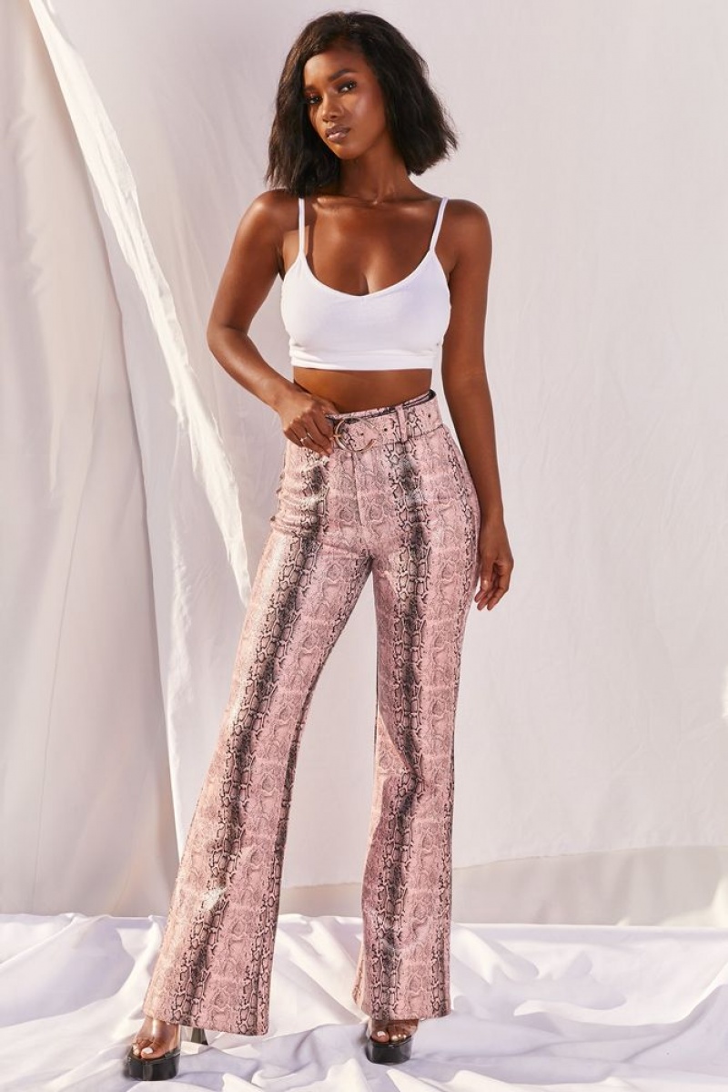 Oh Polly Drive ‘Em Wild Petite High Waisted Wide Leg Trousers Women's Trousers Pink Snake Print | KWGV-45016