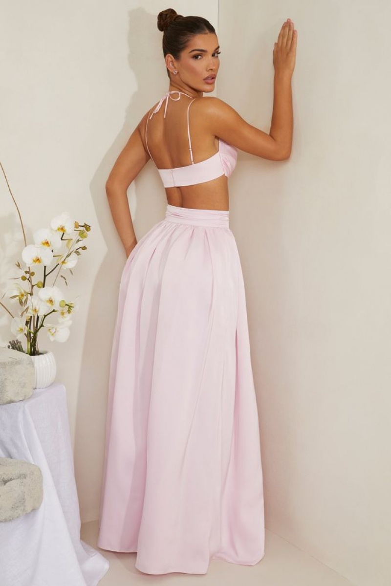 Oh Polly Edyta Pleated Heavy Satin Maxi Skirt Skirts Pink | SZWQ-18364