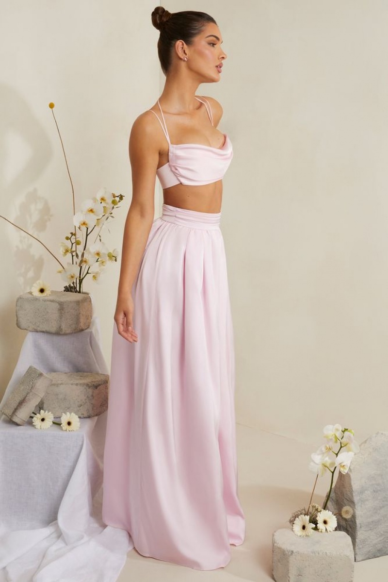 Oh Polly Edyta Pleated Heavy Satin Maxi Skirt Skirts Pink | SZWQ-18364