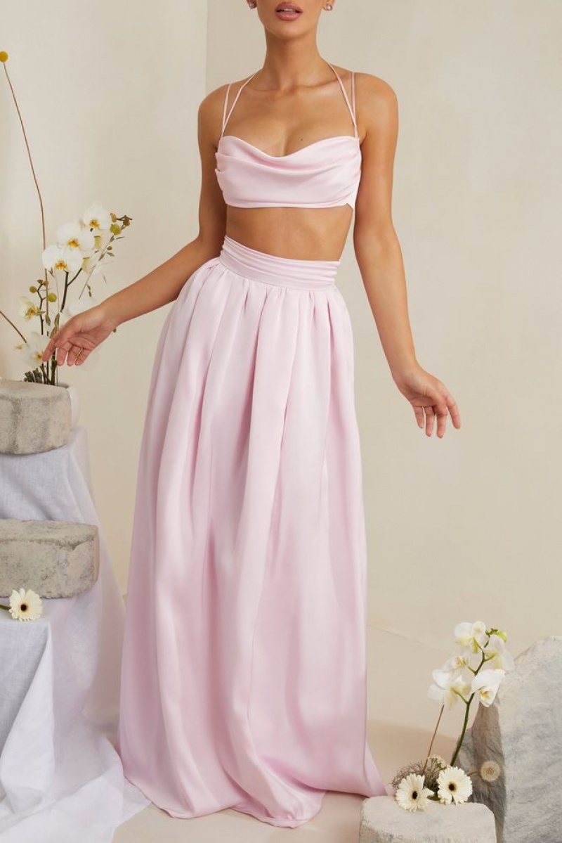 Oh Polly Edyta Pleated Heavy Satin Maxi Skirt Skirts Pink | SZWQ-18364