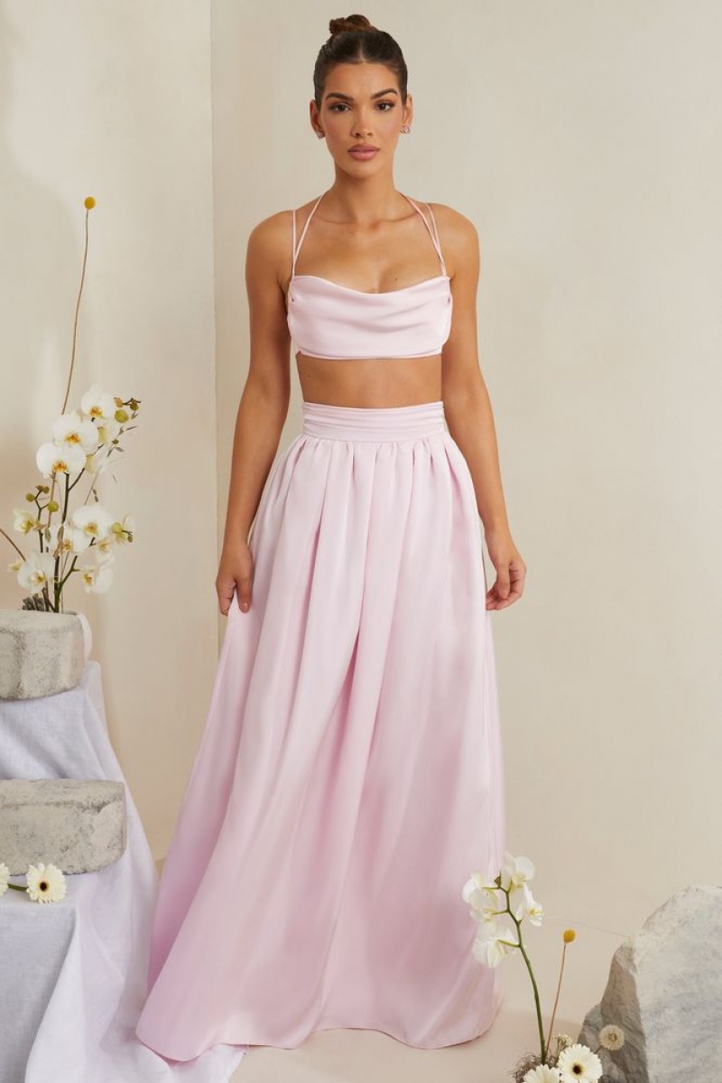 Oh Polly Edyta Pleated Heavy Satin Maxi Skirt Skirts Pink | SZWQ-18364