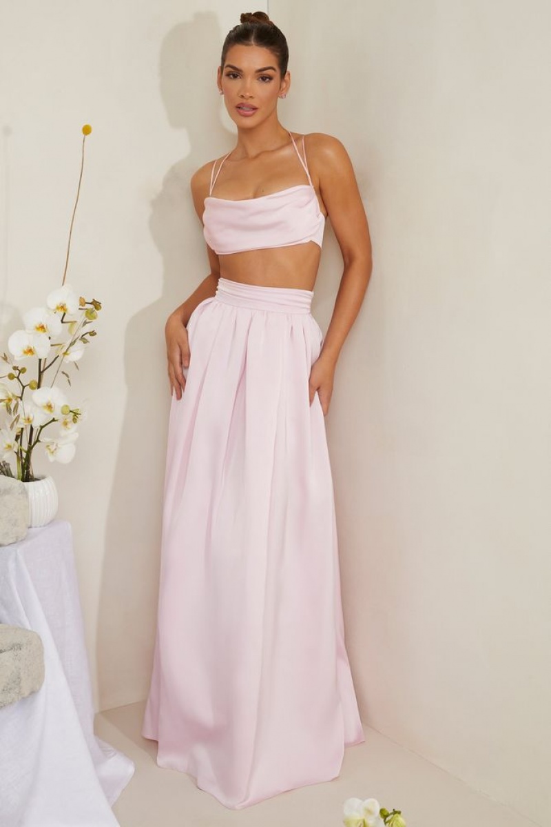 Oh Polly Edyta Pleated Heavy Satin Maxi Skirt Skirts Pink | SZWQ-18364