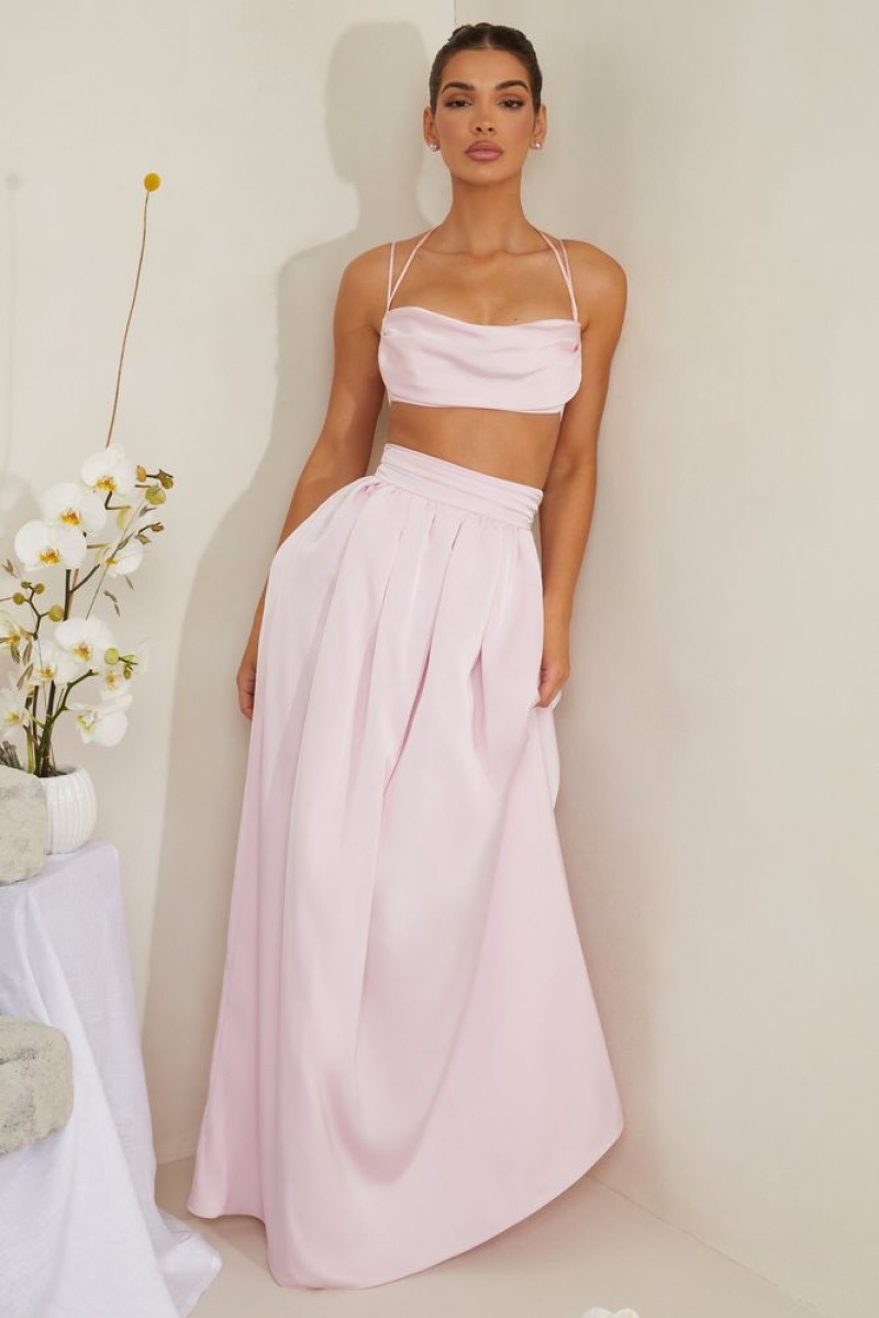 Oh Polly Edyta Pleated Heavy Satin Maxi Skirt Skirts Pink | SZWQ-18364