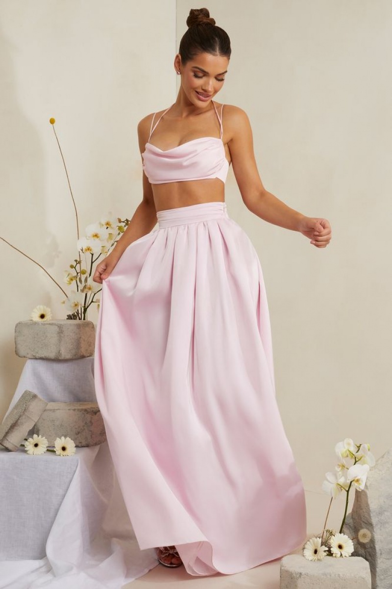 Oh Polly Edyta Pleated Heavy Satin Maxi Skirt Skirts Pink | SZWQ-18364