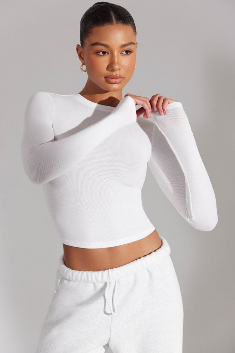 Oh Polly Elementary Soft Rib Long Sleeve Top Bo+Tee Tops White | NJLQ-83614