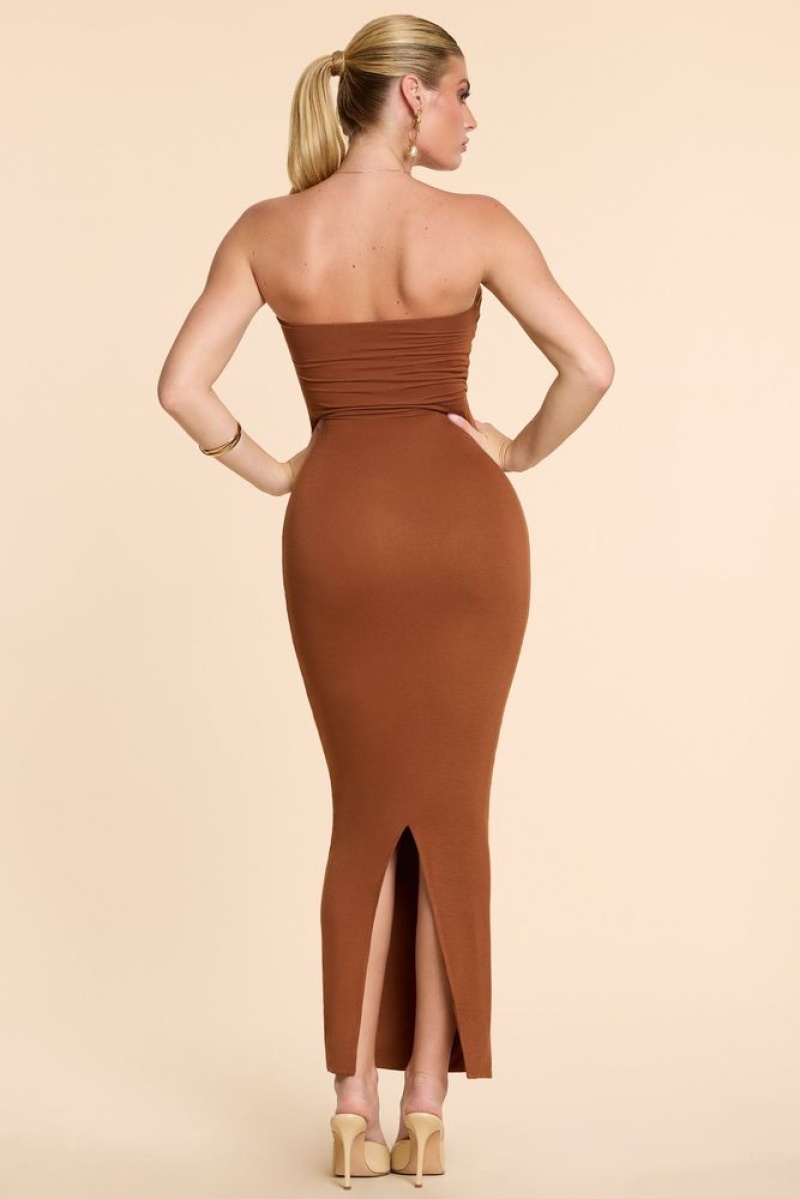 Oh Polly Eletta Strapless Ruched Modal Cashmere Blend Maxi Dress Maxi Dress Chestnut Brown | NVWY-50287