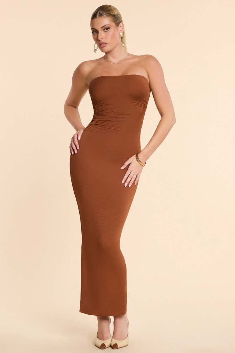 Oh Polly Eletta Strapless Ruched Modal Cashmere Blend Maxi Dress Maxi Dress Chestnut Brown | NVWY-50287